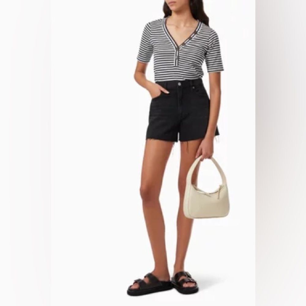 FRAME Stripe Henley T-shirt in Jersey in White and Navy L